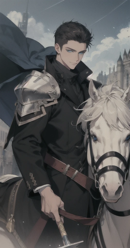 Masterpiece, best quality, very detailed, illustration,Masterpiece, Highest quality, War atmosphere, cold weather, realistic, 1 person, mature man, A quiet and charming young man., 30 years old, ride a horse,on horseback, Portrait, Highly detailed face, cool and smile, ((blue eyes)), ((black short hair)), [Thick eyebrows], holding a crescent repeater,holding a lance weapon in hand, Lipo repeater, ((black long coat)), ((all black)), (blue eyes) ,Short Black Quiff Hair with Soft Fringe, handsome , muscle, Facial expressions, Black Knight Armor , black wool shawl(Masterpiece,best quality,special, (Broad shoulders)) (muscle), focus man,ride a horse,holding a halberd to pierce the sky, His black spear rose.., . Describe the man.&#39;Appearance., Details of his sword, Characteristics and characteristics of monsters, and convey the tension and power of the encounter..."