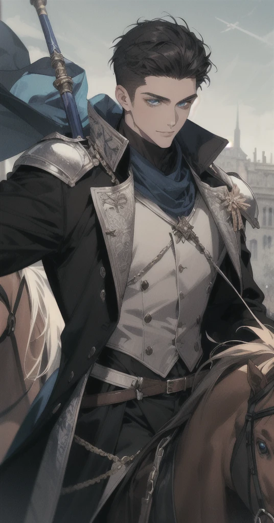 Masterpiece, best quality, very detailed, illustration,Masterpiece, Highest quality, War atmosphere, cold weather, realistic, 1 person, mature man, A quiet and charming young man., 30 years old, ride a horse,on horseback, Portrait, Highly detailed face, cool and smile, ((blue eyes)), ((black short hair)), [Thick eyebrows], holding a crescent repeater,holding a lance weapon in hand, Lipo repeater, ((black long coat)), ((all black)), (blue eyes) ,Short Black Quiff Hair with Soft Fringe, handsome , muscle, Facial expressions, Black Knight Armor , black wool shawl(Masterpiece,best quality,special, (Broad shoulders)) (muscle), focus man,ride a horse,holding a halberd to pierce the sky, His black spear rose.., . Describe the man.&#39;Appearance., Details of his sword, Characteristics and characteristics of monsters, and convey the tension and power of the encounter..."