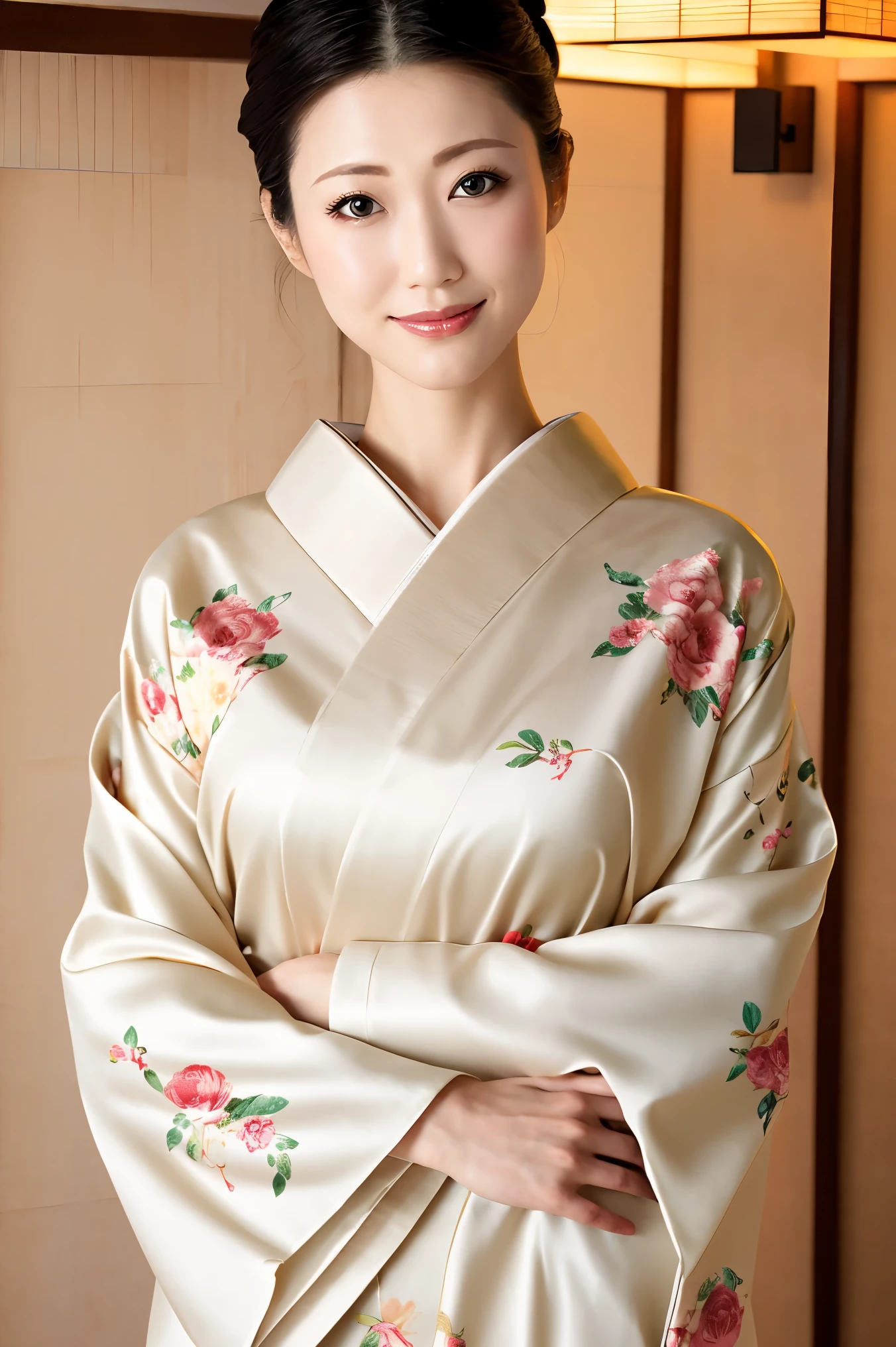 (Highest quality、Tabletop、8K、Best image quality、Award-winning works)、(1 Beautiful Mature Woman:1.1)、(Innkeeper:1.1)、(Elegant floral kimono:1.2)、(A kimono with a perfect and accurate collar:1.2)、Perfect Mature Woman Portrait Photo、Glowing Skin、Standing Elegantly、(Blurred elegant and elaborate perfect Japanese style room background:1.3)、(The most natural and perfect tidy Japanese-style room background:1.2)、(Elegant and luxurious Japanese style room background:1.1)、Glowing White Skin、Very white skin、(Accentuate your body lines:1.1)、(The most elegant posture:1.2)、(Large Breasts:1.2)、(Chignon:1.2)、(Accurate anatomy:1.2)、(Staring at me:1.2)、(Stand elegantly facing forward:1.2)、(Front view:1.1)