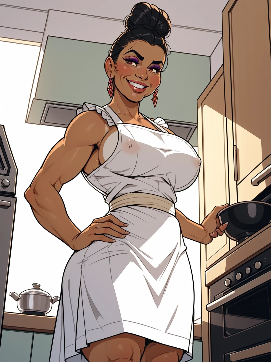 mature woman, solo, 1woman, retro, wearing dress and apron, (tanned skin:1.3), latina, standing in kitchen, modern kitchen, (huge breasts:1.1), (nipple outline:0.75), muscular, black hair, updo, hair bun, makeup, looking down at viewer, hands on hips, (from below:1.3), (extremely low angle:1.2), smiling, incase