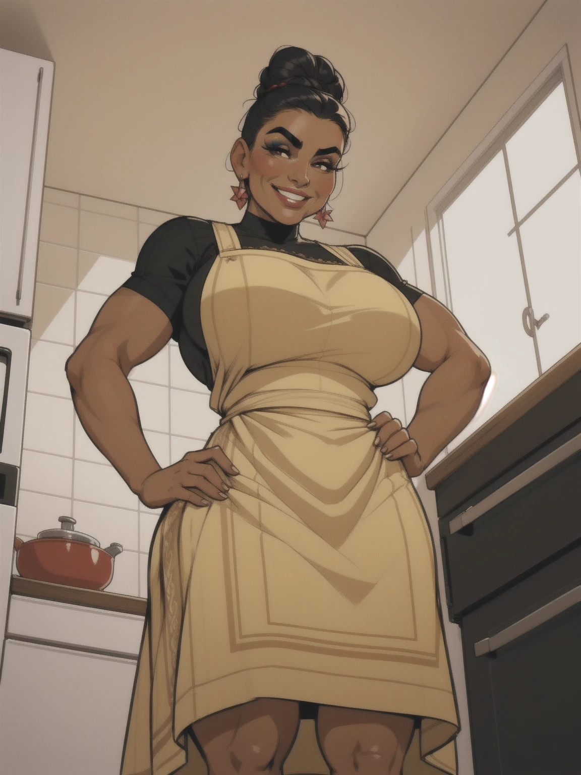 mature woman, solo, 1woman, retro, wearing dress and apron, (tanned skin:1.3), latina, standing in kitchen, modern kitchen, (huge breasts:1.1), (nipple outline:0.75), muscular, black hair, updo, hair bun, makeup, looking down at viewer, hands on hips, (from below:1.3), (extremely low angle:1.2), smiling, incase