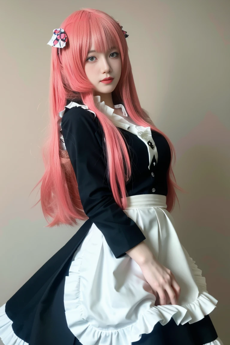 best quality, tmasterpiece,Ultra-high resolution,Clear face,(Reality:1.4),ferpect lighting,(upper body photo), (photorealistic:1.50), anime wallpaper, Guviz style artwork, cover-up fantasy up to magic , by Yang J, Guviz, beautiful artwork illustration, beautiful digital artwork, beautiful digital illustration, Li Song, beautiful anime portrait, art style in Beauvot, 1girl, 独奏, long hair, (pink hair:1.3), hair ornament, black hair ribbon, (maid dress:1.3), sleeveless, white apron, standing, background inside the house, room, looking at viwer,