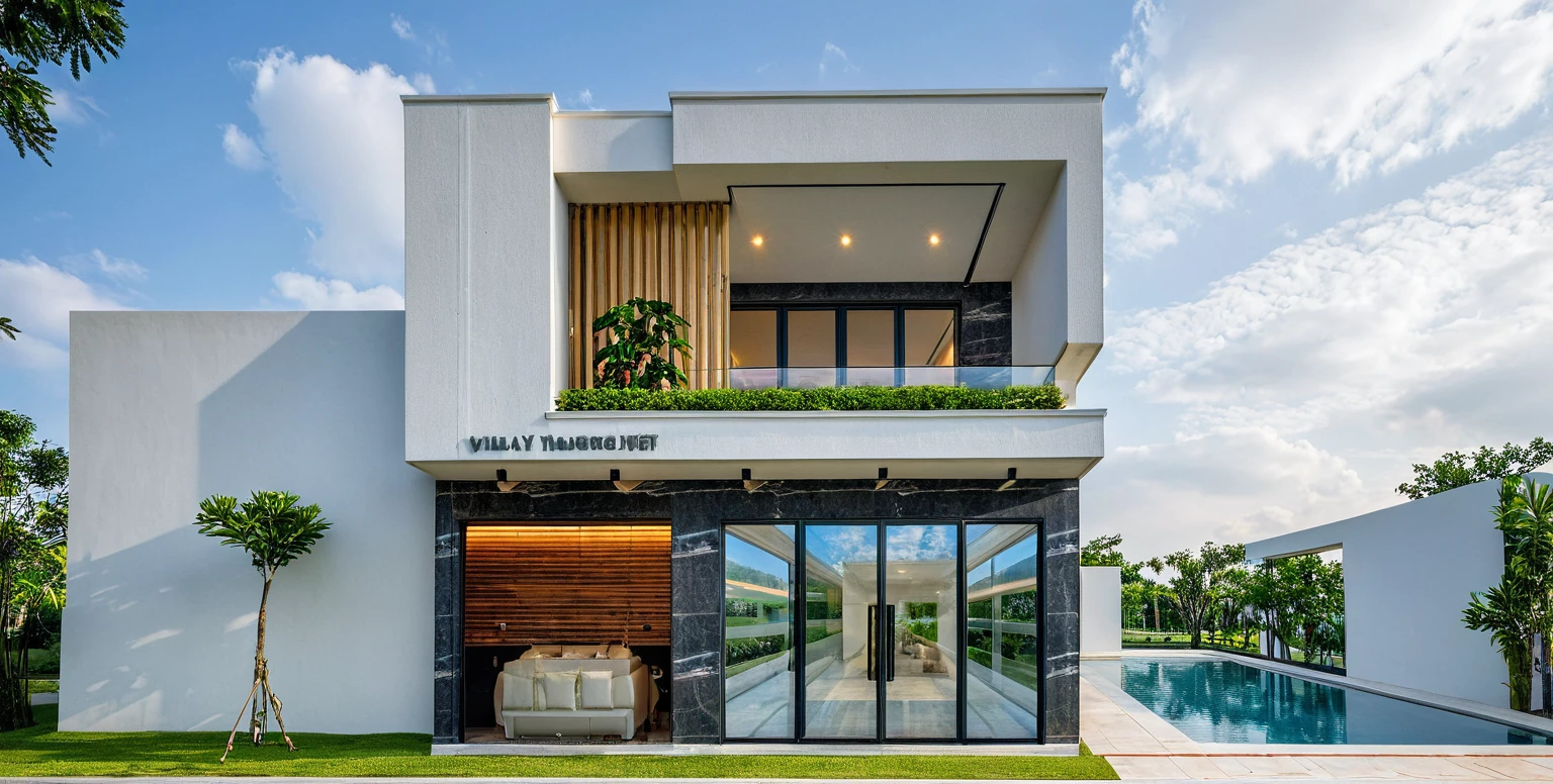 Masterpiece, high quality, best quality, authentic, super detail, outdoors, onestoreyvillaXL, aiaigroup, house style modern on the street ,stairs, white wall ,road,pavement, grass, trees, sky, cloud, (daylight:1.1),((pool front of villa))
