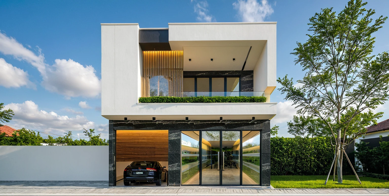 Masterpiece, high quality, best quality, authentic, super detail, outdoors, onestoreyvillaXL, aiaigroup, house style modern on the street ,stairs, white wall ,road,pavement, grass, trees, sky, cloud, (daylight:1.1),((pool front of villa))
