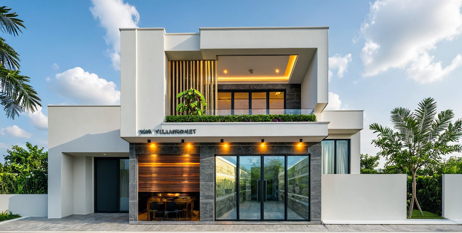 Masterpiece, high quality, best quality, authentic, super detail, outdoors, onestoreyvillaXL, aiaigroup, house style modern on the street ,stairs, white wall ,road,pavement, grass, trees, sky, cloud, (daylight:1.1),((pool front of villa))