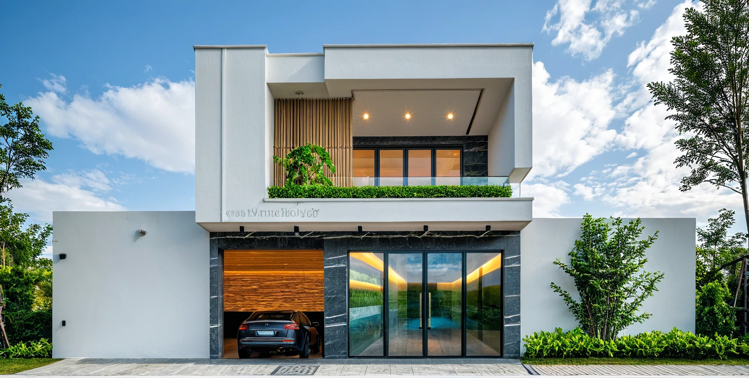 Masterpiece, high quality, best quality, authentic, super detail, outdoors, onestoreyvillaXL, aiaigroup, house style modern on the street ,stairs, white wall ,road,pavement, grass, trees, sky, cloud, (daylight:1.1),((pool front of villa))