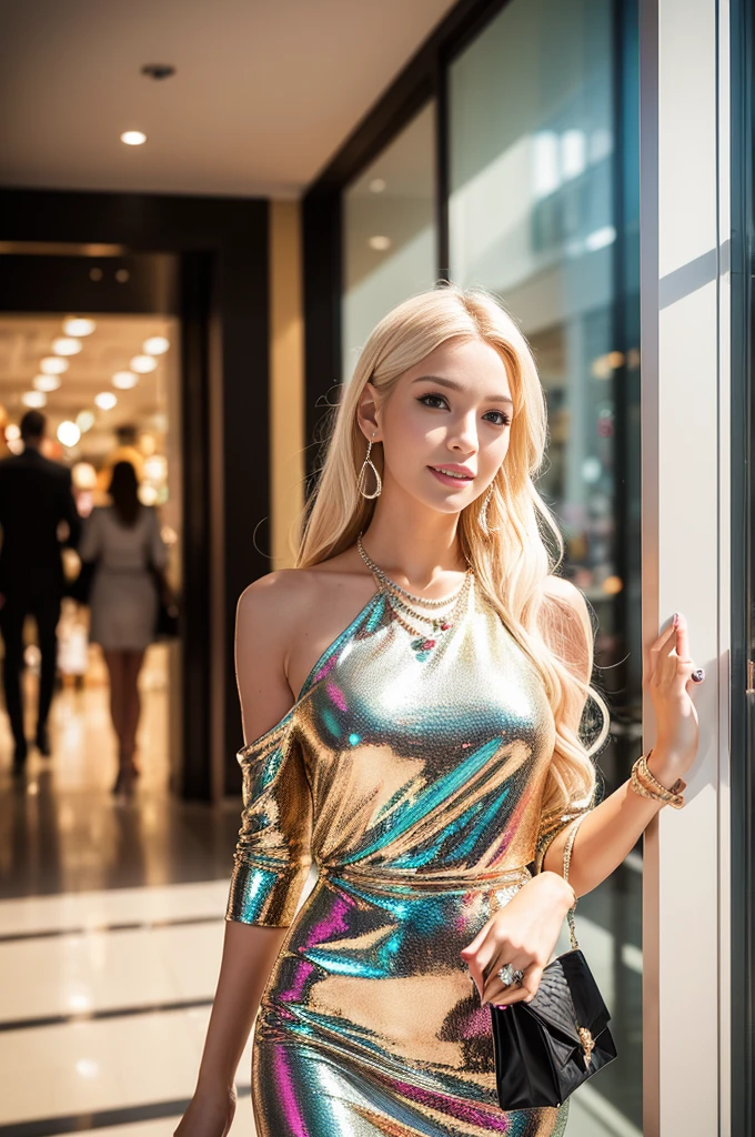 (best quality, 4k ,8k, highres, masterpiece:1.2), ultra-detailed, (realistic, photorealistic, photo-realistic:1.37), closeup, beautiful Swedish woman, happy smile, beautiful makeup, platinum blonde hair, fair skin, slender figure, elegant posture, wearing large sparkling colorful jewelery, wearing a business style leather dress, standing in a large shopping mall, gentle sunlight shining through the shopping mall windows, casting a soft glow on her face, adding warmth to the scene, vibrant colors, capturing the essence of vibrant city life, portrait style, showcasing her natural beauty and grace in a feminine way