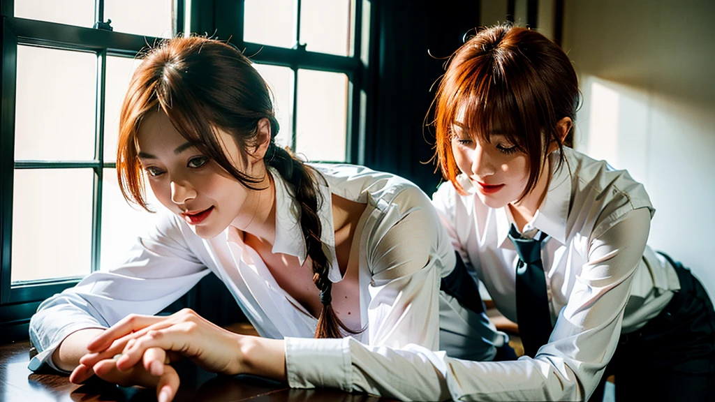 Delicate and glowing skin, (Practical, photo-Practical:1.4), A beautiful girl, permanent, Looking out the window, White shirt, Collared shirt, Black tie, Black pants, Long sleeve, Smile (Red and swollen nose), Yellow eyes + Dark circles under eyes, short hair + Red hair + Long Braid Hair, hand \(Chainsaw Man\)