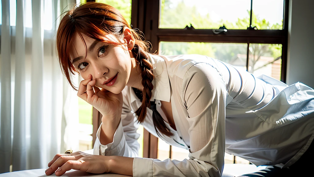 Delicate and glowing skin, (Practical, photo-Practical:1.4), A beautiful girl, permanent, Looking out the window, White shirt, Collared shirt, Black tie, Black pants, Long sleeve, Smile (Red and swollen nose), Yellow eyes + Dark circles under eyes, short hair + Red hair + Long Braid Hair, hand \(Chainsaw Man\)