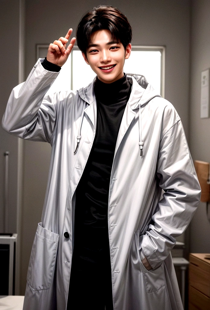 Picture an image of a young man wearing a long white lab coat with large front pockets. Under the lab coat, the man wears a black hoodie with a white hood and black pants. The man has medium length black hair and is standing with his hands in his coat pockets, exuding a calm and confident demeanor. Top Quality, Super Detailed,, (Korean), Long Body, (Black Turtleneck)), Clean Lab, (Beautiful), (Long Body)) Big Smile, Top Quality, Super Detailed, Illustration, Super Detailed View, (Realistic), (Black Hair)), One Young Man, (All Wearing Evian), (Researcher in Lab Coat)), (No Glasses), Twink, (Fair Skin), (Knowledgeable), (Korean), Long Body, (White Shirt)), Clean Lab, (Beautiful), (Long Body)) Big Smile, Right Hand is Making an "OK" Gesture Near His Face, Hands are Raised Near His Face. He has a bright and cheerful expression, smiling wide and showing his teeth. His smile is very wide, his eyes are almost closed, and he is looking straight into the camera. The background is bright and white, giving the image a clean and fresh look.