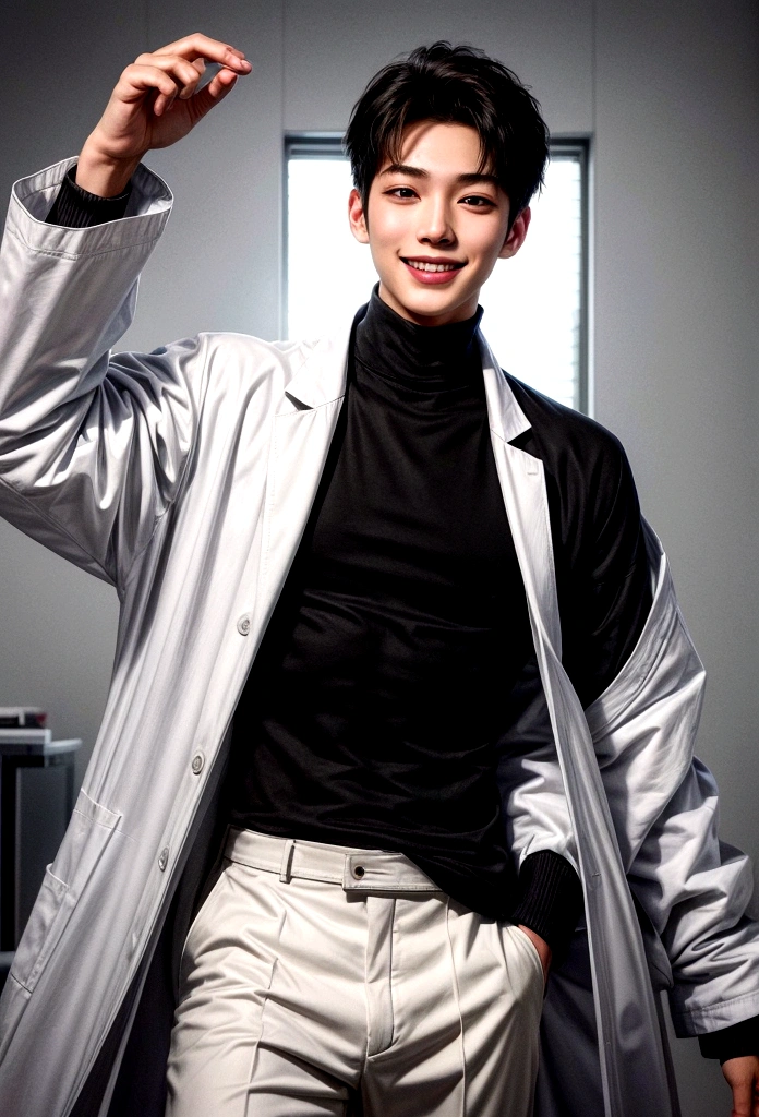 Picture an image of a young man wearing a long white lab coat with large front pockets. Under the lab coat, the man wears a black hoodie with a white hood and black pants. The man has medium length black hair and is standing with his hands in his coat pockets, exuding a calm and confident demeanor. Top Quality, Super Detailed,, (Korean), Long Body, (Black Turtleneck)), Clean Lab, (Beautiful), (Long Body)) Big Smile, Top Quality, Super Detailed, Illustration, Super Detailed View, (Realistic), (Black Hair)), One Young Man, (All Wearing Evian), (Researcher in Lab Coat)), (No Glasses), Twink, (Fair Skin), (Knowledgeable), (Korean), Long Body, (White Shirt)), Clean Lab, (Beautiful), (Long Body)) Big Smile, Right Hand is Making an "OK" Gesture Near His Face, Hands are Raised Near His Face. He has a bright and cheerful expression, smiling wide and showing his teeth. His smile is very wide, his eyes are almost closed, and he is looking straight into the camera. The background is bright and white, giving the image a clean and fresh look.
