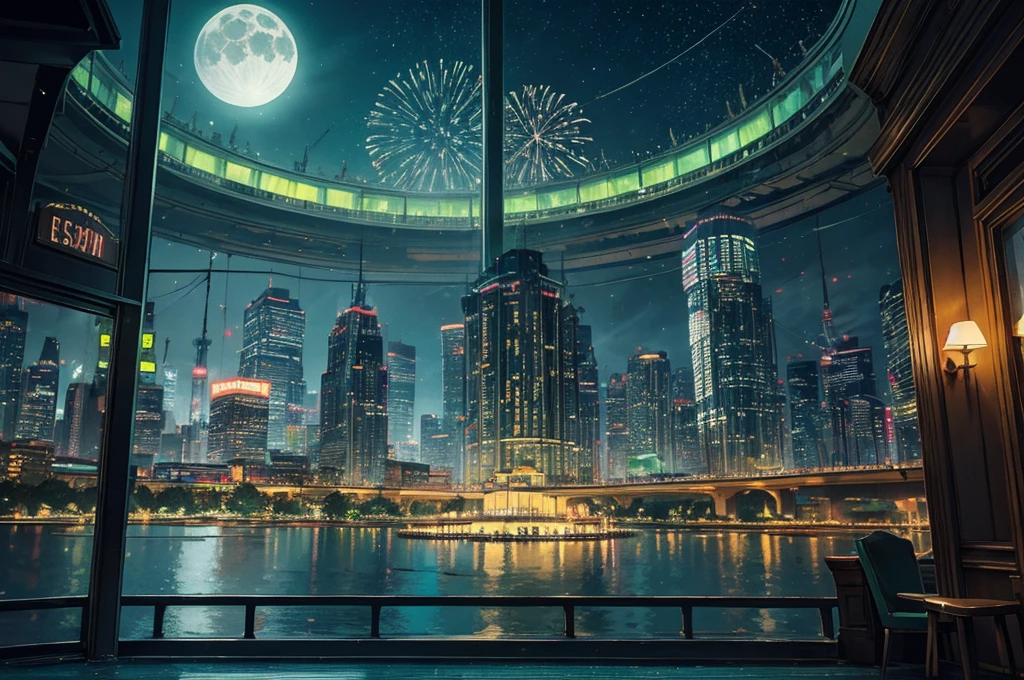 green casino, night, downtown, HDR, 4k resolution, green moon, firework, modern architecture, slot machine, indoor