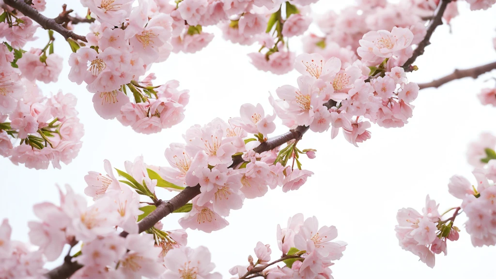 White background in the center、The vibrant blossoms and branches of cherry blossoms form a closely intertwined wreath.、There is a small space in the center、８K