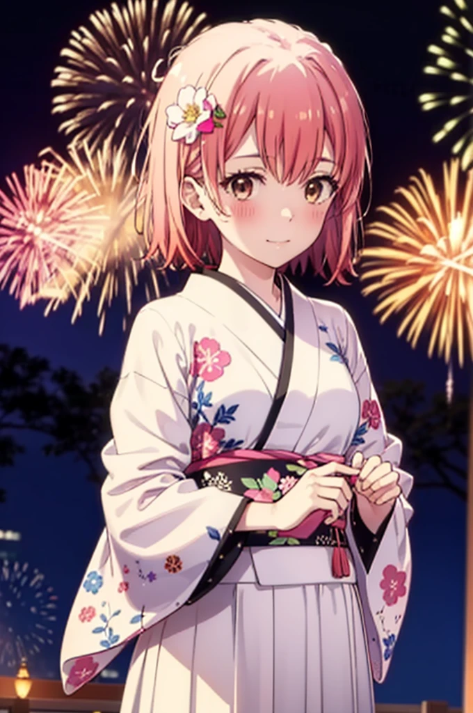 yuiyuigahama, yui yuigahama, short hair, (Brown eyes:1.5), (Pink Hair:1.2), smile,blush,single hair band, smile,Flower Hair Ornaments,Pink kimono,Thick sleeves,Pink long skirt,Fireworks in the night sky、Fireworks,The place is a fireworks display,Time is night,whole bodyがイラストに入るように
break outdoors, shrine,
break looking at viewer, whole body, (Cowboy Shot:1. 5)
break (masterpiece:1.2), Highest quality, High resolution, unity 8k wallpaper, (figure:0.8), (Beautiful attention to detail:1.6), Highly detailed face, Perfect lighting, Highly detailed CG, (Perfect hands, Perfect ???????),