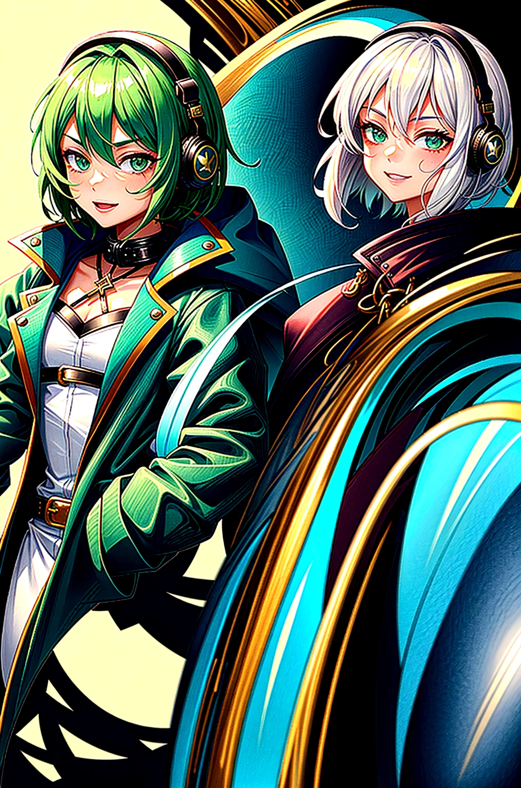 1Girl, cute, happy, short green hair, green eyes, dragon horn headphone, jacket, magic circle