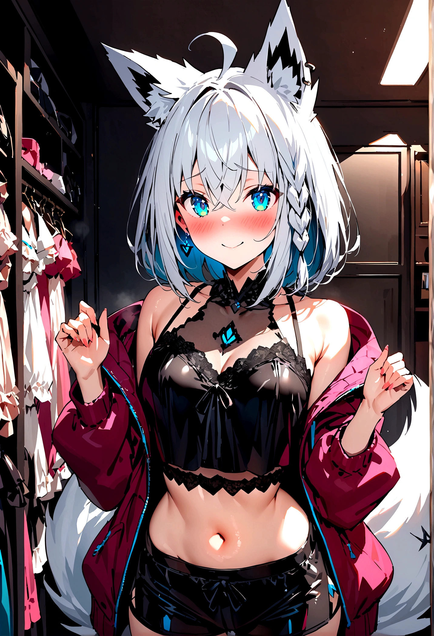 NSFW,masterpiece,Highest quality,High resolution,Super detailed,Shirakami Fubuki\(Hololive\),Gray Hair、One-sided braid、Ahoge、Earrings,Fox ears,Fox tail,Jacket,Crop top shirt,Low-rise shorts,Embarrassed,blush,Expecting face,Bewitching Smile,smile,Lingerie Shop,Underwear section,Luxurious Room,Cute pose,Date,Seduce