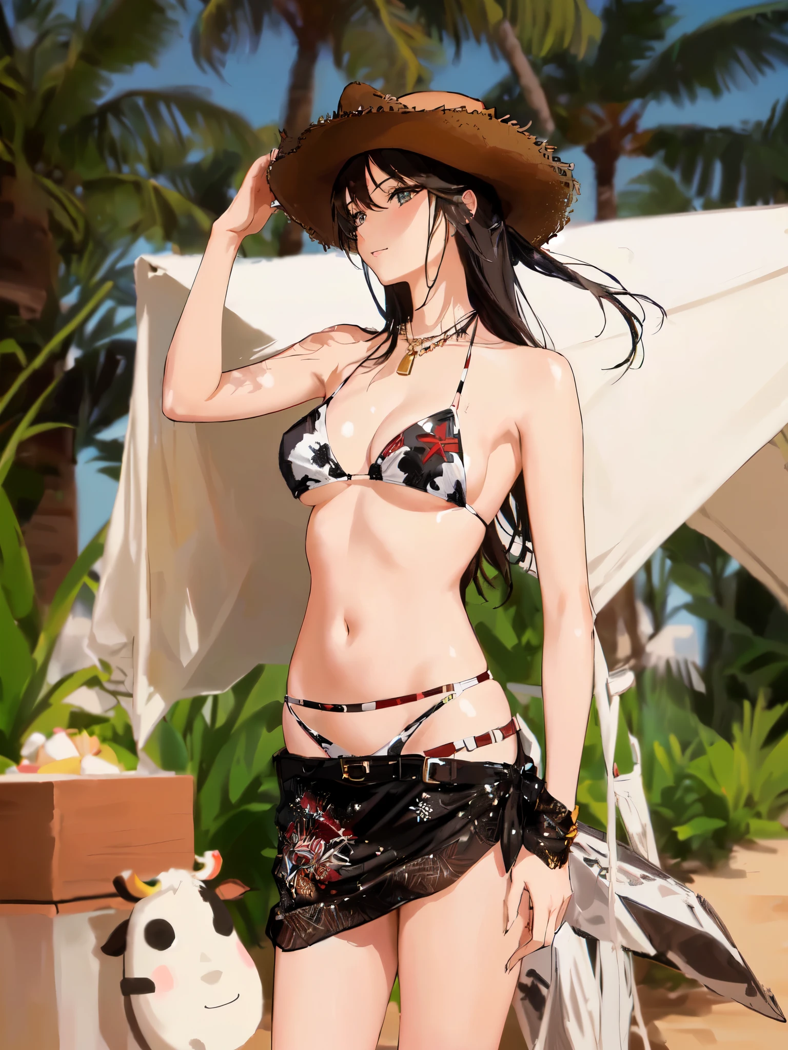 anime woman in a bikini and cowboy hat posing for a picture, western cowgirl, elegant bikini, dressed in belts bikini, with straw hat, cowgirl, bikini model, cow-girl, wearing two - piece swimsuit, photo of slim girl model, gorgeous bikini model, bikini + tattered military gear, wearing leather bikini, waist - shot, anime style