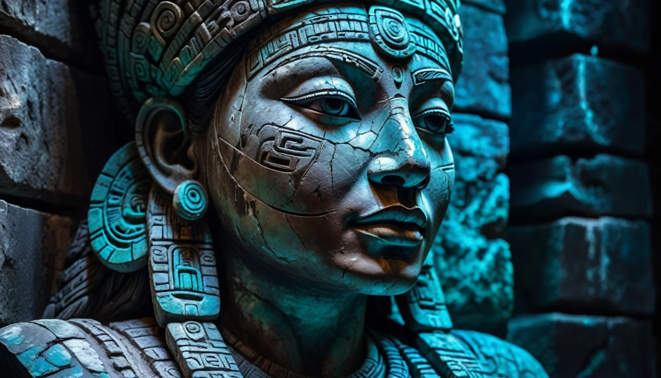 Detailed close-up, Weathered Mayan statue of a woman, Close-up of complex facial features, Glowing crystal veins, Neon streaks against ancient stone, Cracked texture, Mystic energy，bust，Half body with hands，Frontal image