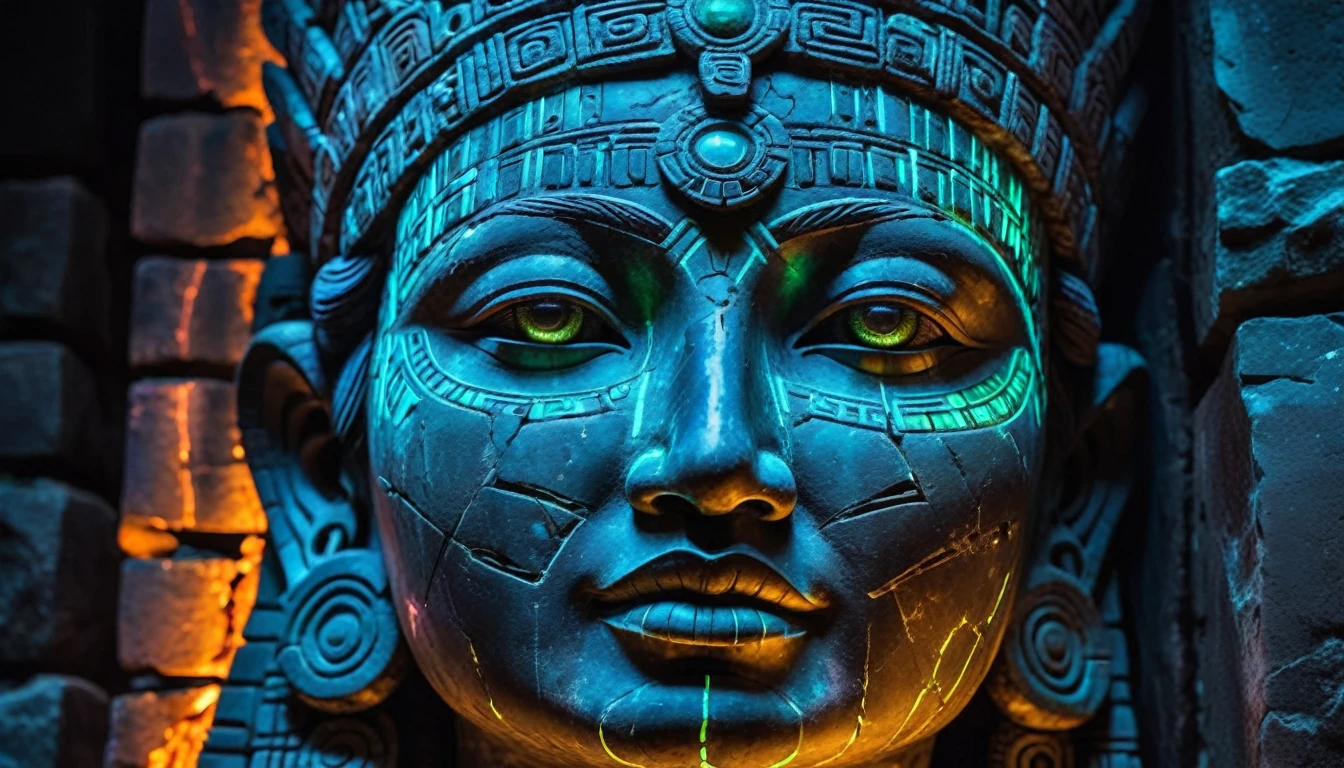 Detailed close-up, Weathered Mayan statue of a woman, Close-up of complex facial features, Glowing crystal veins, Neon streaks against ancient stone, Cracked texture, Mystic energy,bust,Half body with hands,Frontal image