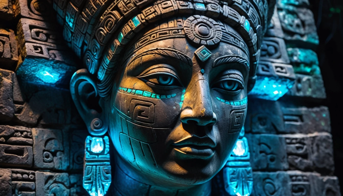 Detailed close-up, Weathered Mayan statue of a woman, Close-up of complex facial features, Glowing crystal veins, Neon streaks against ancient stone, Cracked texture, Mystic energy,bust,Half body with hands,Frontal image