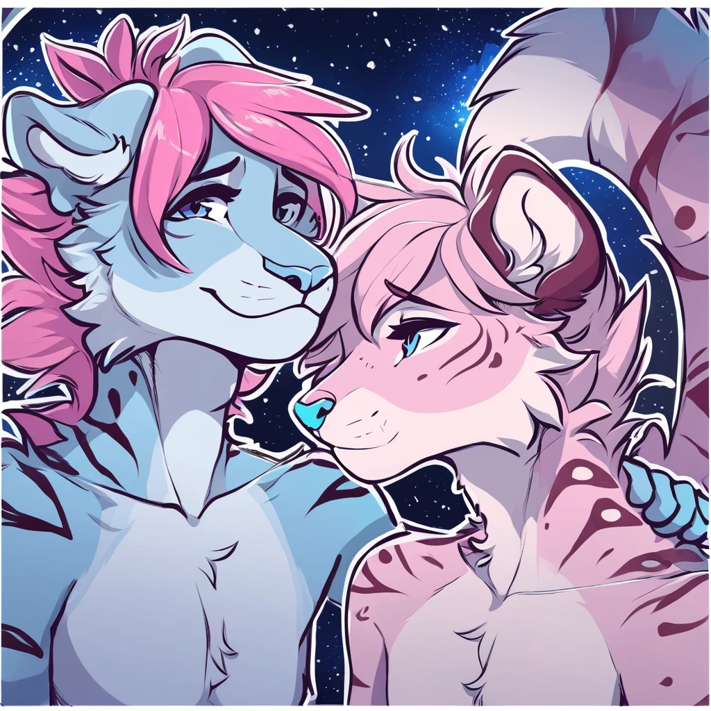 adult, feline, mammal, anthro, anthropomorphic, snow_leopard, striped, fur, striped_feline, fur, furred_anthro, femboy, male, light_pink, purple_hair, pink_hair fluffy, long_tail, blue_nose, expressive eyes, feline_ears, pink_hair, blue_fur, light_blue_chest, shy, small_pupils, spotted_pattern, stripes, digital_art, high_resolution, high_res, hand-drawn, pencil_lines, head_visible, background, neck_visible, seductive_face, blue_galaxy_background, white_outline, detailed_line_work, profile_picture, head_visible,