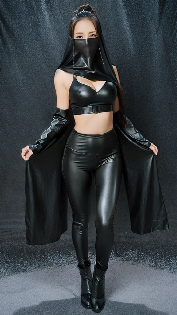 (lifelike, high - resolution:1.3),full body , 1 girl with a perfect body, Super fine face and eyes,long hair, midriff black colors:1.2, black shiny leggings,face veil, big boob,Expose cleavage, ninja pose, leather boots.