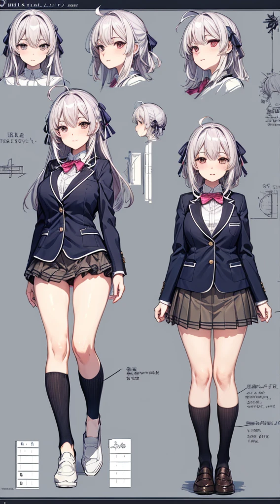 girl, alone, whole body, From head to toe, Are standing, (Huge_chest:1.3),
Character design sheet, Character Reference Sheet, 設計図のSchematic, Drafting, Blueprint, Schematic,
((Character design sheet:1.7, Character Reference Sheet:1.7,)),
anime/cartoon character wearing a girls , 1girl, alone, Thigh-high socks, blazer burezaa (blazer), Ahoge, Long Hair, bow, , shoes, loafers, ribbon, (Very short skirt:1.4), (panties:1.5),, (Good:1.5),In underwear:1.5,nsfw