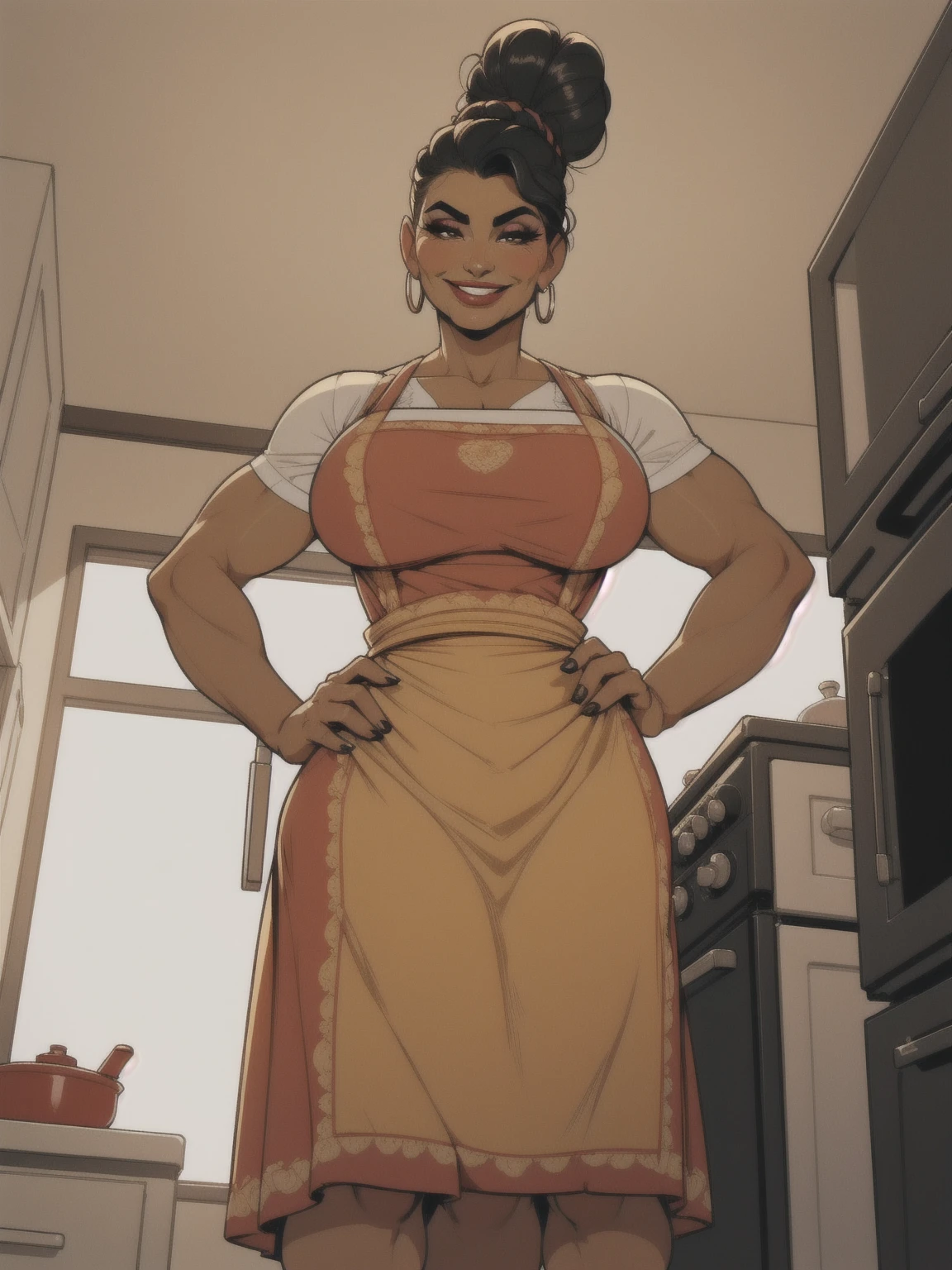 mature woman, solo, 1woman, retro, wearing dress and apron, (tanned skin:1.1), latina, standing in kitchen, modern kitchen, (huge breasts:1.1), (nipple outline:0.75), muscular, black hair, updo, hair bun, makeup, looking down at viewer, hands on hips, (from below:1.3), (extremely low angle:1.2), smiling, incase