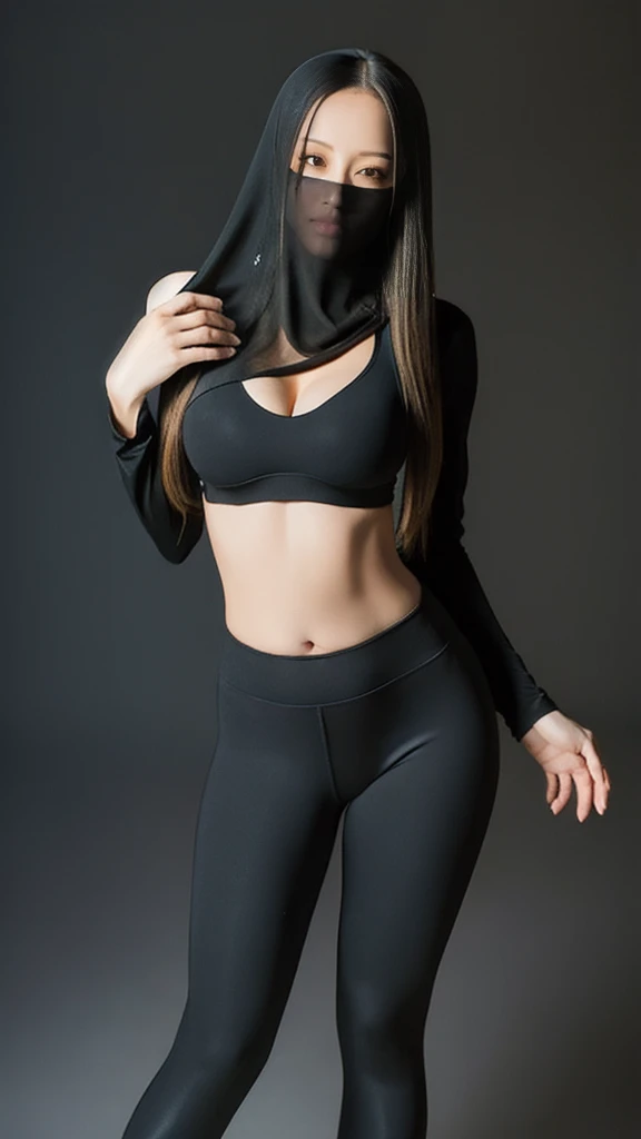 (lifelike, high - resolution:1.3),full body , 1 girl with a perfect body, Super fine face and eyes,slong hair, midriff of black colors:1.2, black shiny leggings,face veil, big boob,Expose cleavage, ninja pose.