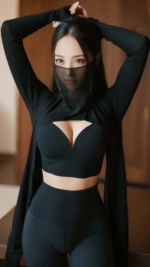 （lifelike， high - resolution：1.3），full body , 1 girl with a perfect body， Super fine face and eyes，slong hair， midriff of black colors：1.2， black shiny leggings，face veil,   big boob，Expose cleavage, ninja pose.