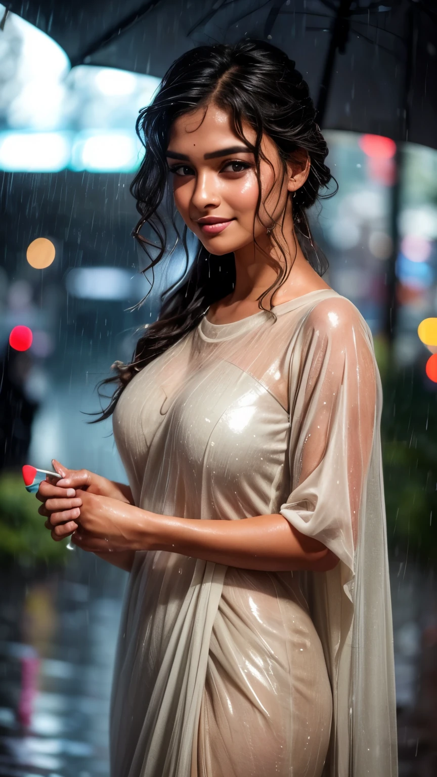 A masterpiece! A stunning Indian girl, her disheveled hair a testament to the torrential rain that surrounds her. Beautiful, detailed eyes sparkle with joy as she gazes directly at the viewer, her long locks tied back in a neat bun. She wears a casual t-shirt, slightly transparent from the wetness, and her medium-round breasts are subtly visible beneath. In a side pose, she revels in the heavy rain shower, her big cheeks flushed with happiness. The street background is a blurred Bokeh, while raindrops glisten on her skin, capturing the essence of a carefree rainy day.rain drops,paid girl , heavy rain, slightly show half nipple , very sexy (conveying love to boy friend) flowers on head