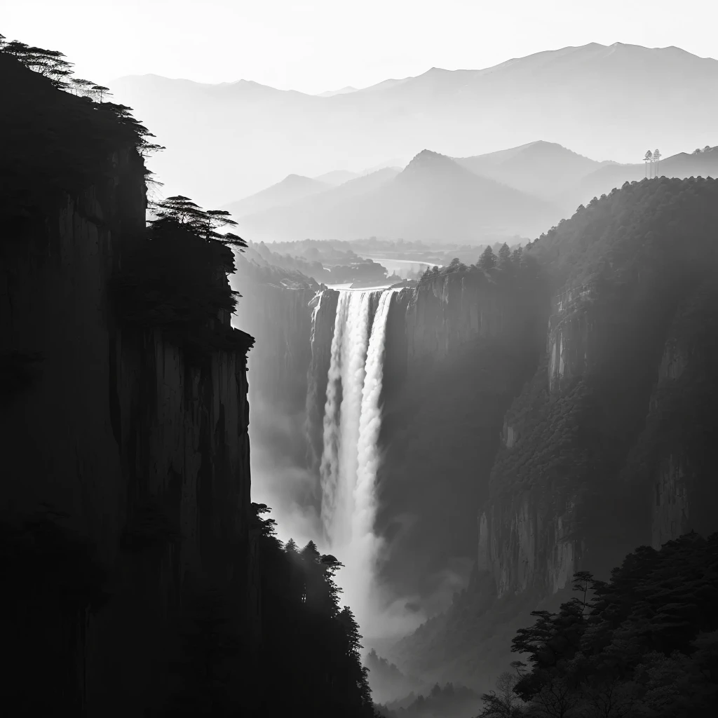 Arav landscape with waterfall and some trees in the mountains, Black and white matte, Fanhao Photography, author:Ren Xiong, by Cheng Jiasui, by Fei Danxu, Nguyen Gia, Ross Chen. Landscape background, by Xu Wei, by Xia Yong, by Zheng Xie, author Shen Zhou