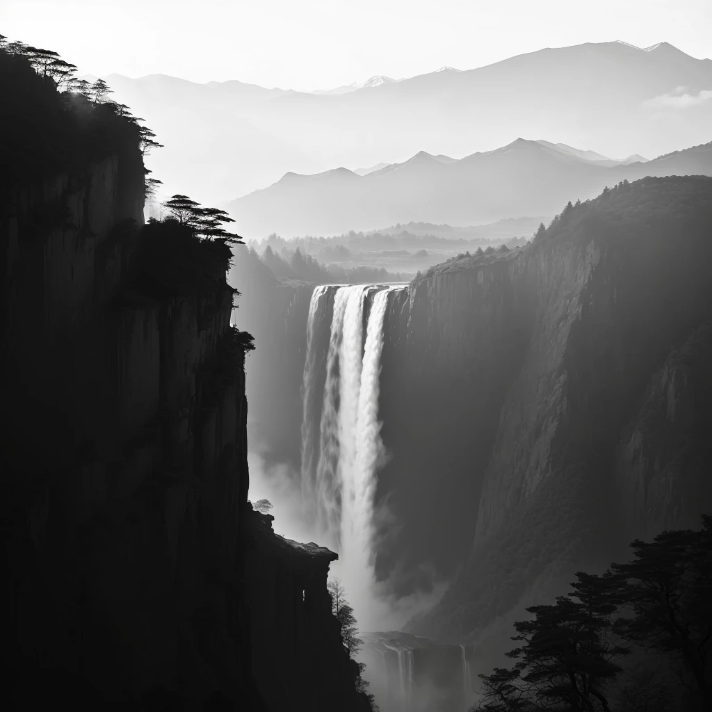 Arav landscape with waterfall and some trees in the mountains, Black and white matte, Fanhao Photography, author:Ren Xiong, by Cheng Jiasui, by Fei Danxu, Nguyen Gia, Ross Chen. Landscape background, by Xu Wei, by Xia Yong, by Zheng Xie, author Shen Zhou