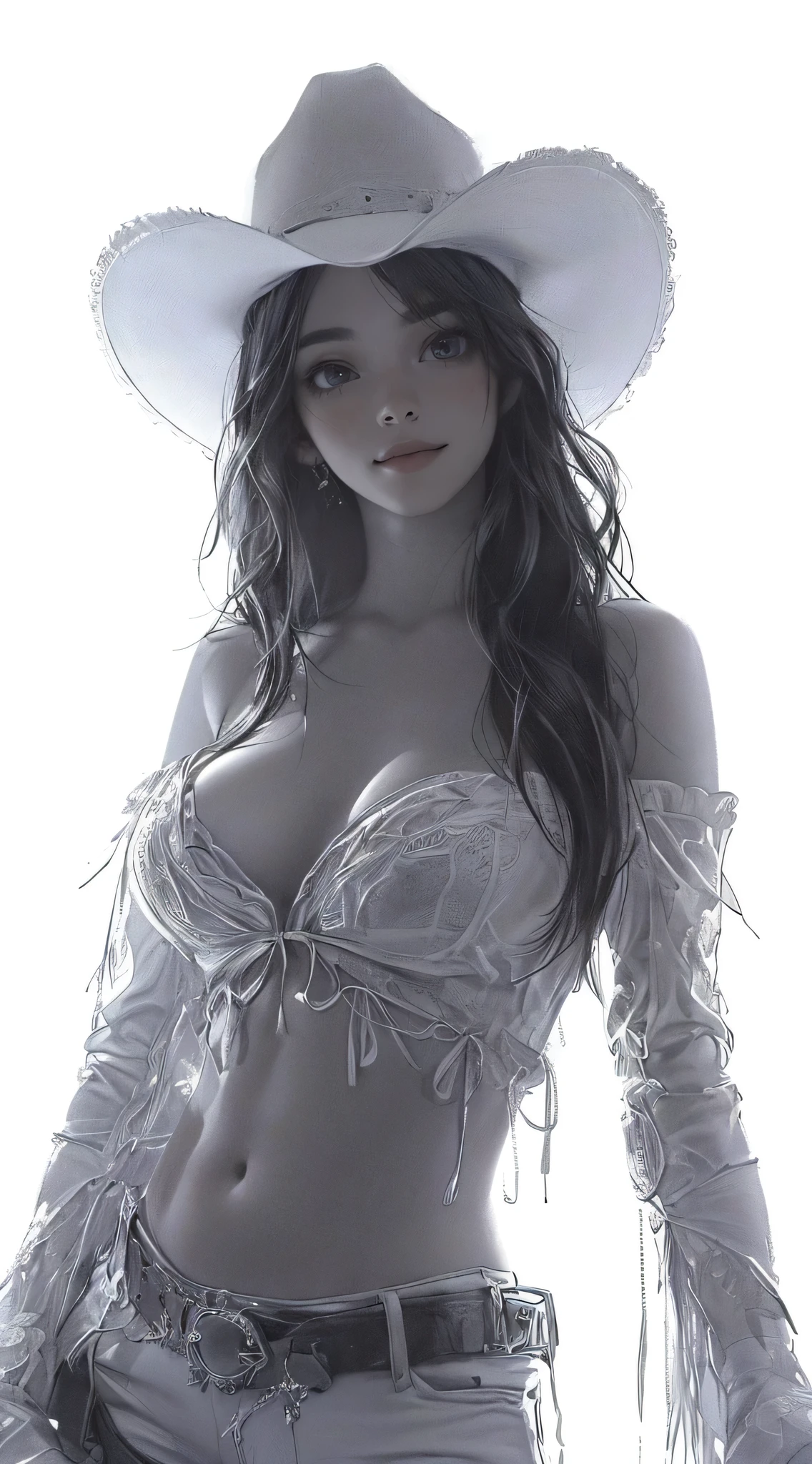 (best quality, 4k, 8k, highres, masterpiece:1.2), ultra-detailed, (realistic, photorealistic, photo-realistic:1.37), white and black painting of a cowgirl, in the style of daz3d, clean line work, igor zenin, elongated, fashion photography, pencil sketch, lois greenfield