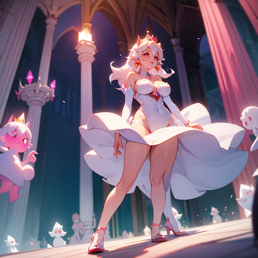 white princess peach cosplay, white princess peach with white bikini, with white hair, red eyes, tall and voluptuous, her crown with a pink diamond. little ghosts in the background, in the night church, photo