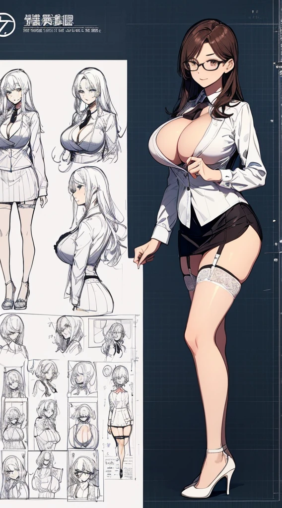 girl, alone, whole body, From head to toe, Are standing, (Huge Saggy Tits:1.3),
Character design sheet, Character Reference Sheet, 設計図のSchematic, Drafting, Blueprint, Schematic,
((Character design sheet:1.7, Character Reference Sheet:1.7,)),
anime/cartoon character wearing a girls , 1girl, alone, ,Mature Woman,Cleavage,Long sleeve,Collared shirt,White shirt,,(Tight Skirt),((garter belt)),(High heels),Skirt Suit,mini skirt,office lady,Long Hair, bow, , (Very short skirt:1.4), (lingerie:1.5),secretary,Thin glasses, In underwear:1.5,nsfw