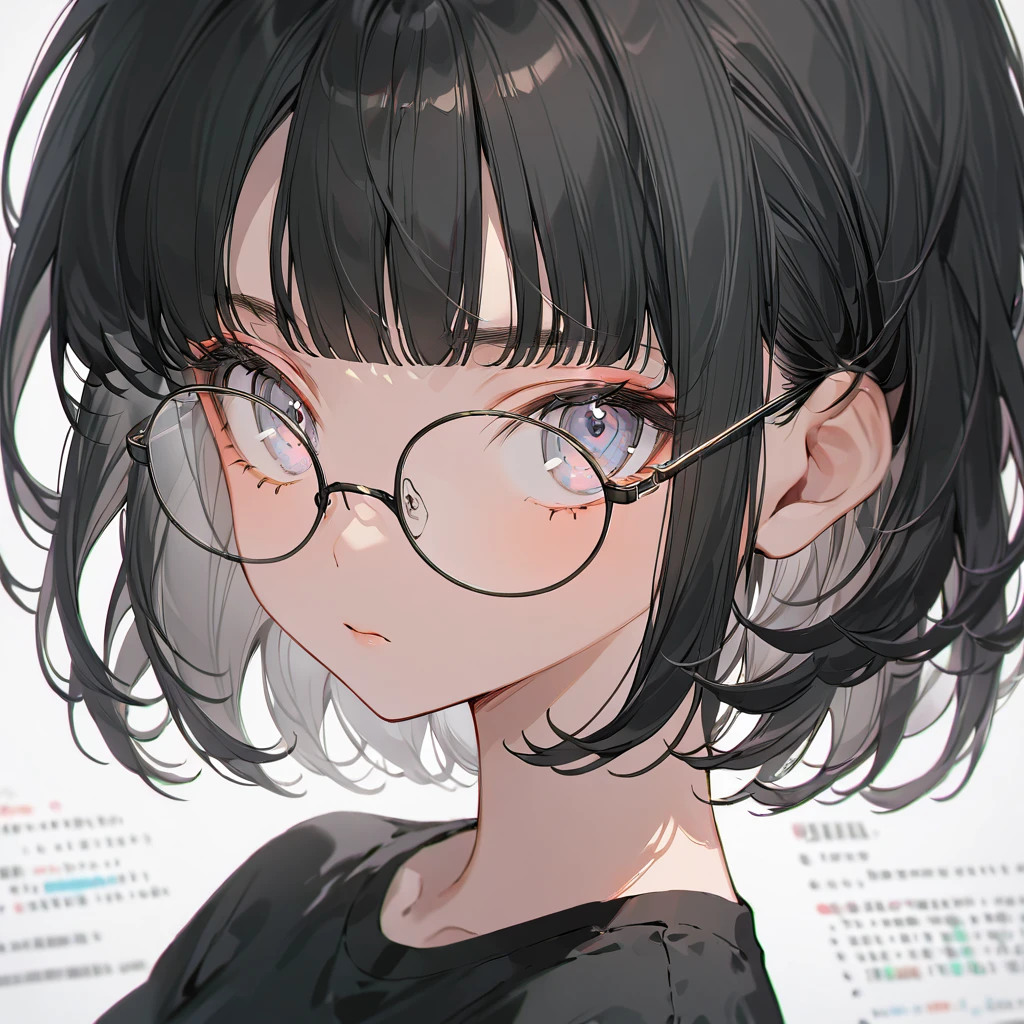 Boyish beautiful girl,Black very short hair,Black hair bangs, Wearing an oversized black T-shirt,Wears thin-framed round glasses,Close up of face,The background is full of programming code,