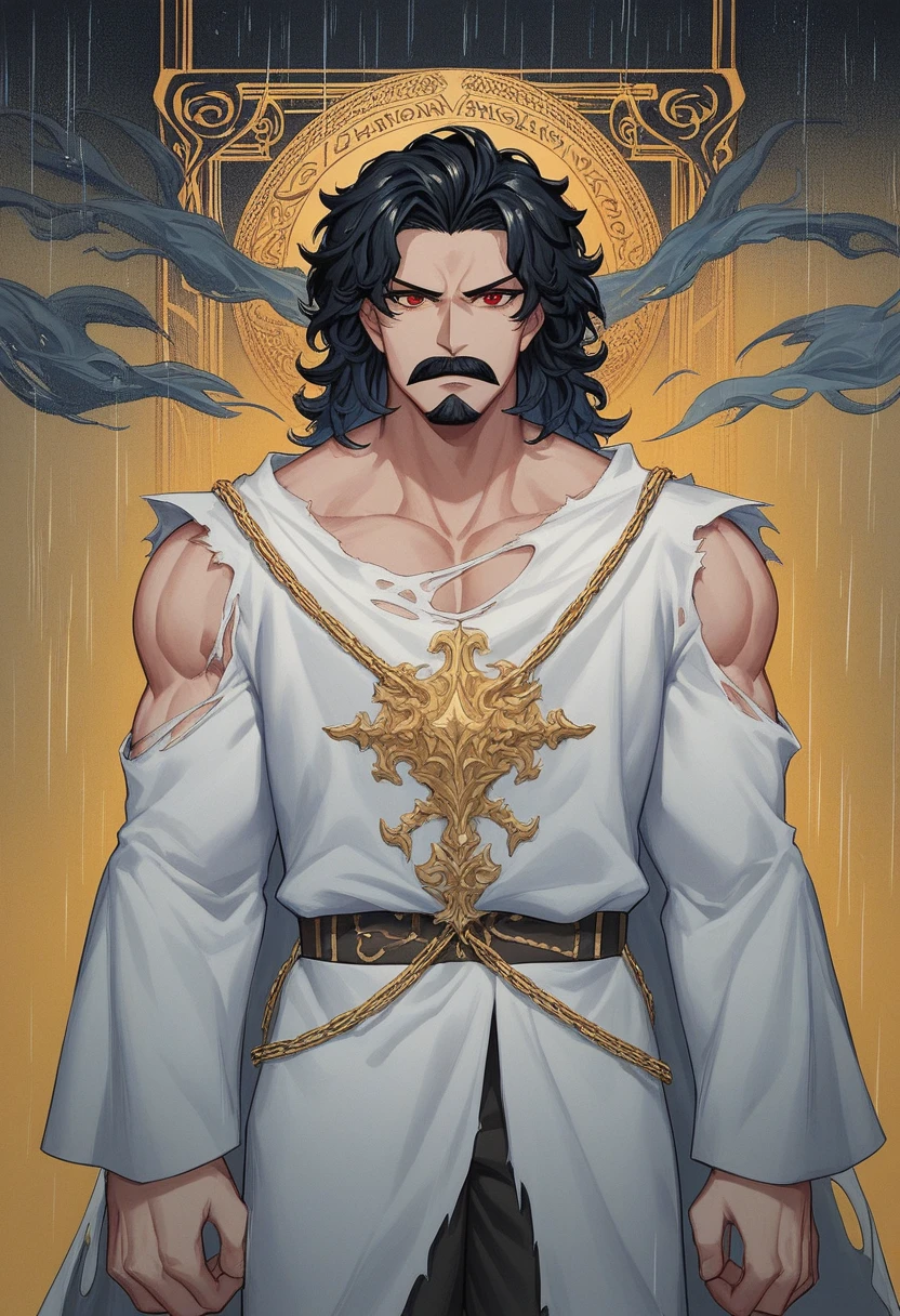 A striking, visually captivating illustration of a powerful Maratha warrior standing tall amidst dark clouds and heavy rain. His muscular, drenched body is adorned with massive chains at his arms, hips, and legs, while his glowing red eyes and fierce determination exude strength. With perfect facial features, a long handlebar mustache, and flowing drenched hair, he shouts in anger as he pulls the chains with immense strength. The golden hour's light illuminates him from behind, casting a dramatic rim light on his bulky frame, and the stormy atmosphere intensifies the dark fantasy scene. Clad in a white traditional dhoti-like pants and a torn white robe, the warrior's immense size and the gathering clouds create a mesmerizing visual experience that is both vibrant and cinematic, blending elements of painting, poster, and fashion into a concept, vibrant, poster, fashion, illustration, cinematic, painting, dark fantasy
