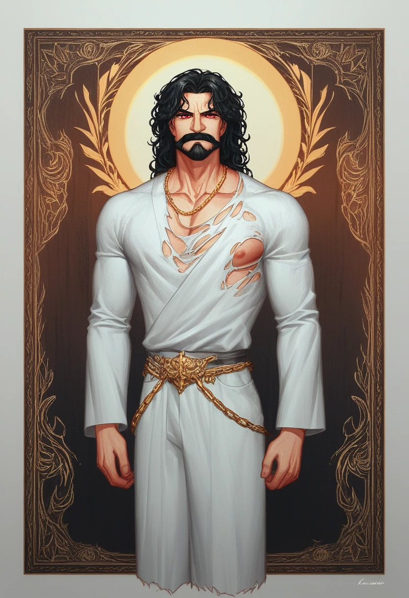 A striking, visually captivating illustration of a powerful Maratha warrior standing tall amidst dark clouds and heavy rain. His muscular, drenched body is adorned with massive chains at his arms, hips, and legs, while his glowing red eyes and fierce determination exude strength. With perfect facial features, a long handlebar mustache, and flowing drenched hair, he shouts in anger as he pulls the chains with immense strength. The golden hour's light illuminates him from behind, casting a dramatic rim light on his bulky frame, and the stormy atmosphere intensifies the dark fantasy scene. Clad in a white traditional dhoti-like pants and a torn white robe, the warrior's immense size and the gathering clouds create a mesmerizing visual experience that is both vibrant and cinematic, blending elements of painting, poster, and fashion into a concept, vibrant, poster, fashion, illustration, cinematic, painting, dark fantasy
