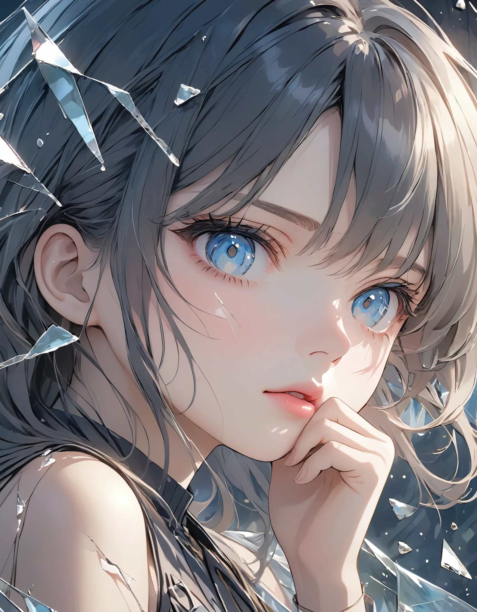 (anime style:1.4),超High resolution, Attention to detail, high quality, High resolution, 最high quality, 4K, 8K,posters、artwork、Works by famous artists、Stylish and cool piece、Girl reflected in broken glass、Picture from the front、face、Put your right hand on your cheek、Sad expression、Semi-long hair