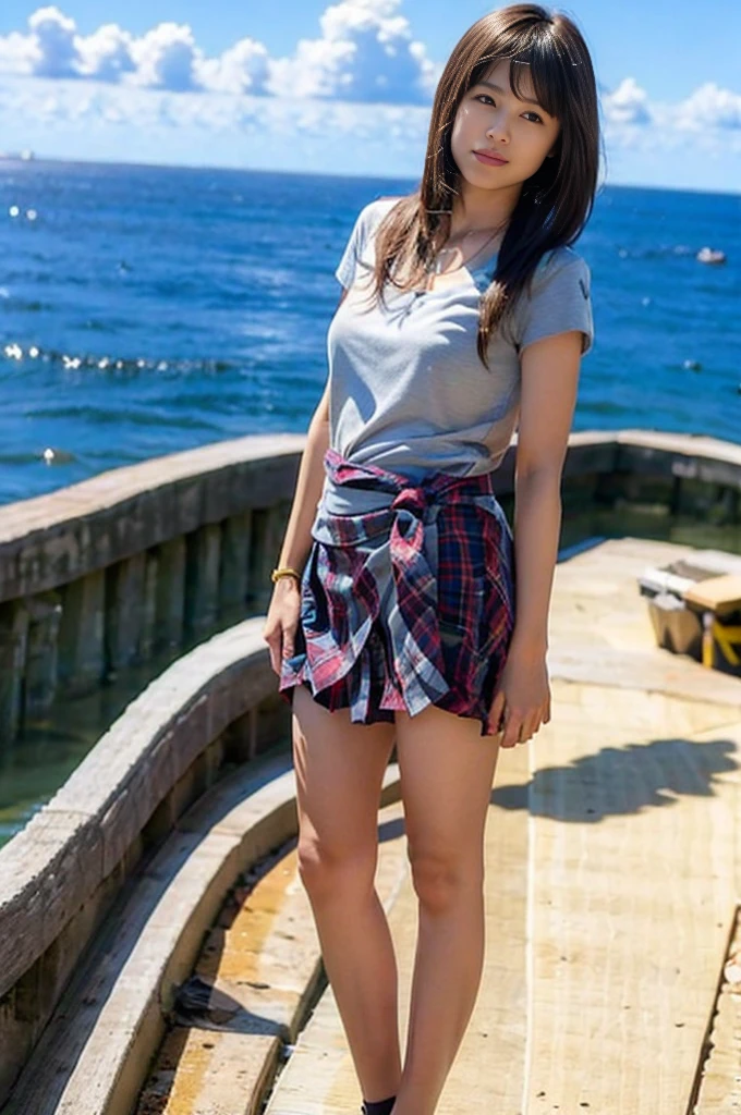 (8K, RAW Photos, Highest quality, masterpiece:1.2), masterpiece, Highest quality, shape, Very detailed, Fine details, High resolution, 8K,wallpaper, Perfect dynamic composition,(High quality with attention to detail, Realistic depiction of eyes:1.3)、A woman who has been and has her Hand tied、Put your arms around your back、Hand tie,Standing on a yacht in the ocean、Tartan Check Pleated Skirt、whole body、A strong wind blows and flips up my skirt、White panties are visible、The whole is facing forward、21talent、beauty、Well-formed face、Even out the eyes、Beautiful black hair、Bangedium Build、Balanced proportions、Beautiful feet、Short sleeve blouse、Fresh face、Beautiful views、
