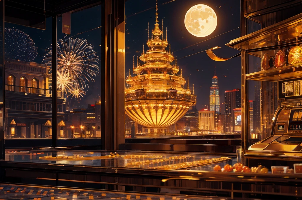 golden casino, night, downtown, HDR, 4k resolution, golden moon, firework, modern architecture, slot machine, indoor