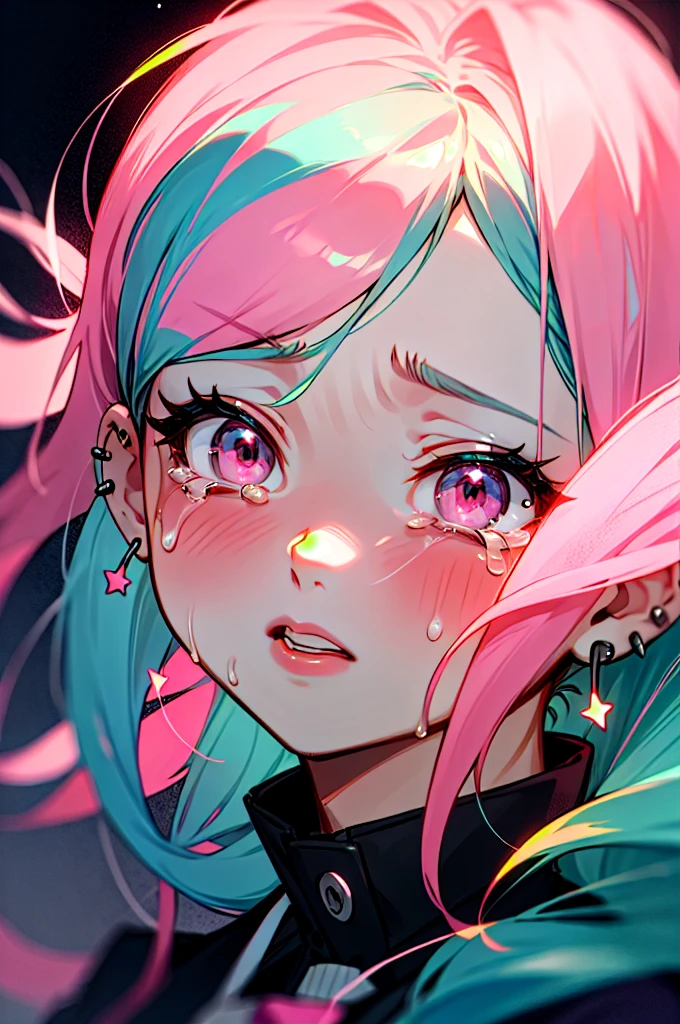 a girl from the danganronpa anime with long turquoise blue hair with green and pink streaks, pink eyes with stars,medium big tits, kibougamine academy uniform, piercings, thick red lips, crying inconsolably and screaming with her face full of her tears because she lost her real love she can’t contain herself and scream very loudly 