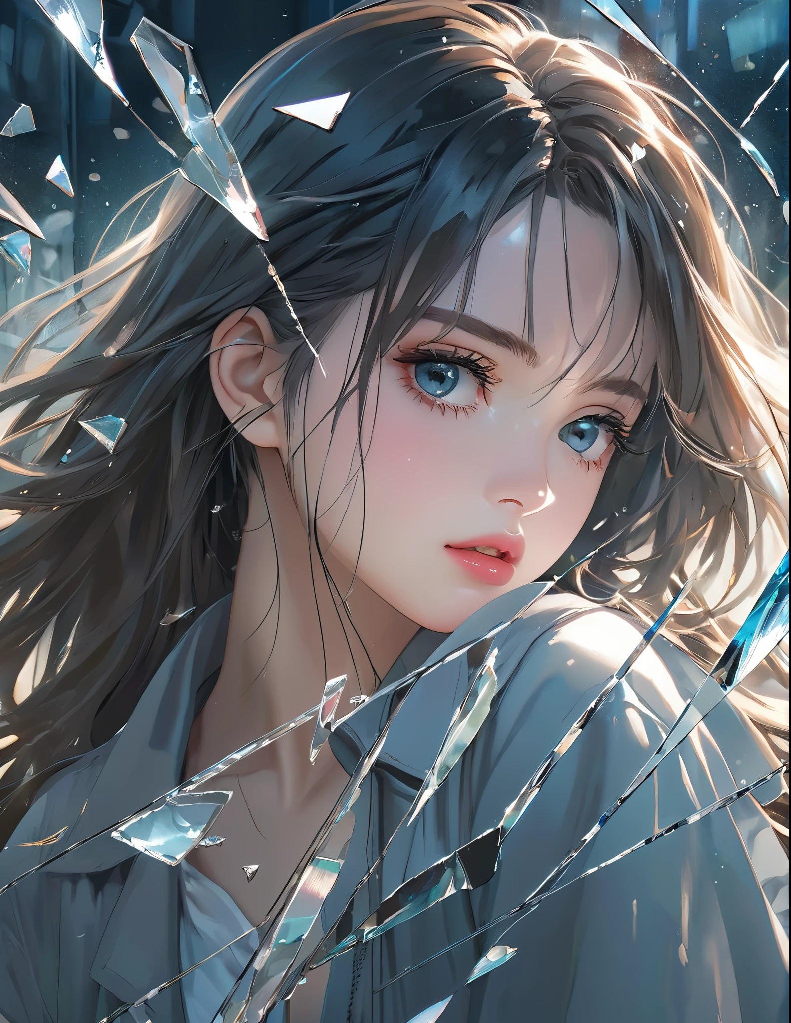 (anime style:1.4),超High resolution, Attention to detail, high quality, High resolution, 最high quality, 4K, 8K,posters、artwork、Works by famous artists、Stylish and cool piece、Girl reflected in broken glass、Picture from the front、face、Put your right hand on your cheek、Sad expression、Semi-long hair、Cute Girls