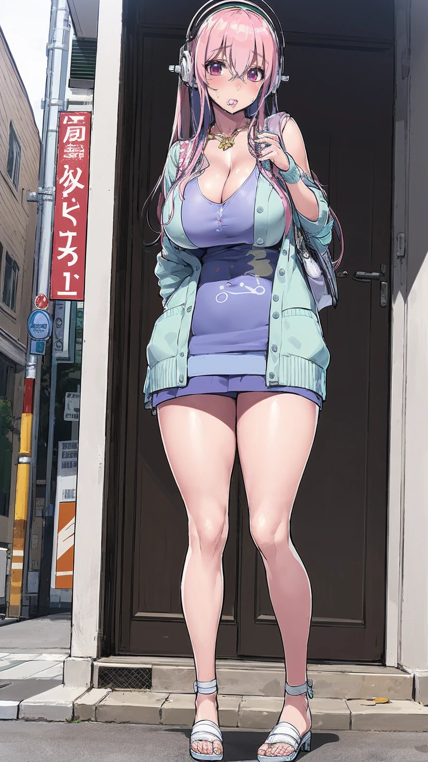 Super Sonic (tsuji santa), (Pink Eyes, Pink Hair, Aqua Hair, variegated hair, Striped Hair), (Long Hair, Hair between the eyes), (Headphones), (Huge breast glow, (Blue cardigan, White pullover, Blue pleated long skirt, Cleavage, Handbags), smile, , Are standing), Mouth closed, (Thick thighs, Thin legs), (street),pants, coat, flip flops, whole body, With a violin,