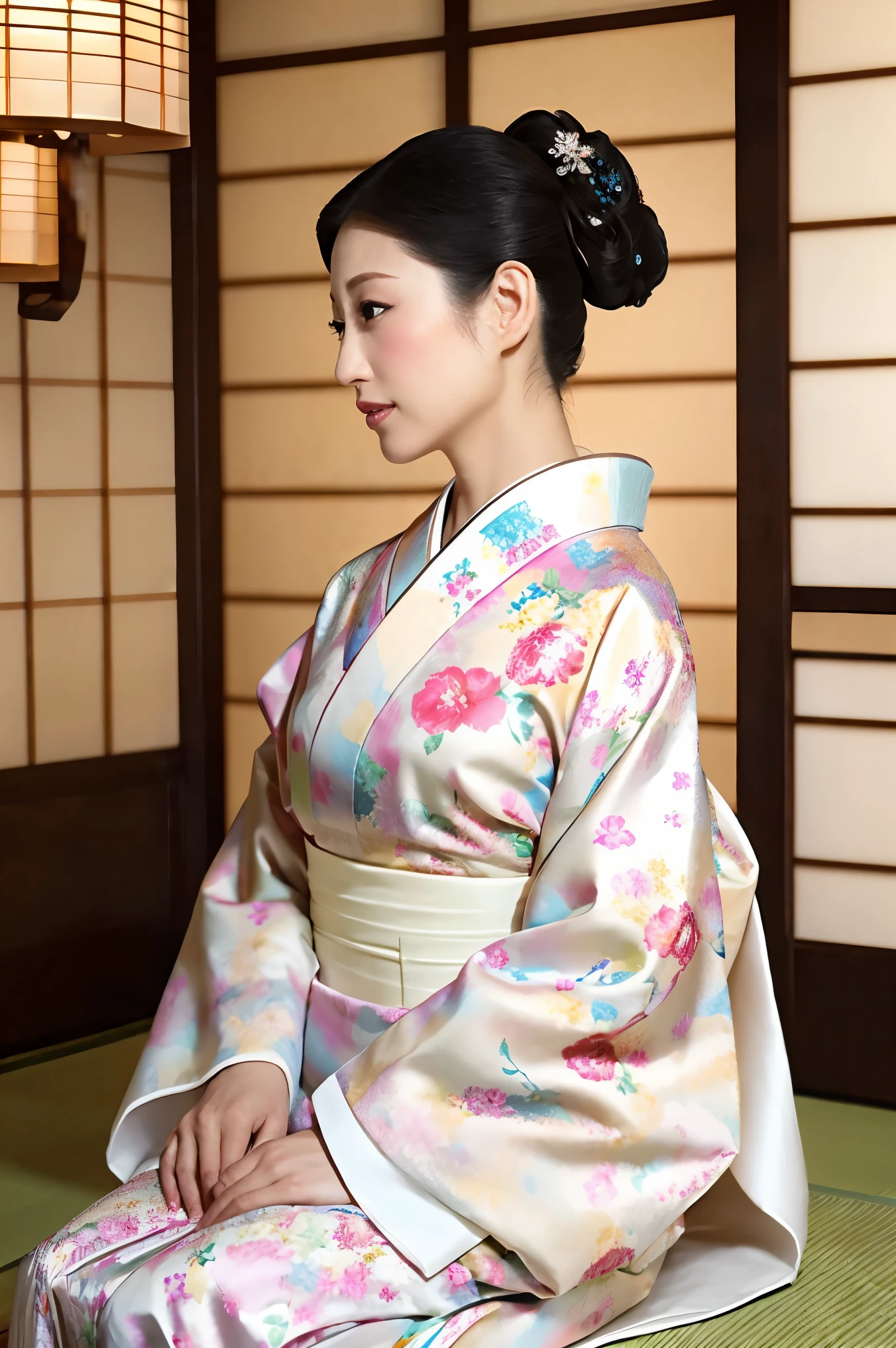 (Highest quality、Tabletop、8K、Best image quality、Award-winning works)、(1 Beautiful Mature Woman:1.1)、(Innkeeper:1.1)、(Elegant floral kimono:1.2)、(A kimono with a perfect and accurate collar:1.2)、Perfect Mature Woman Portrait Photo、Glowing Skin、Standing Elegantly、(Blurred elegant and elaborate perfect Japanese style room background:1.3)、(The most natural and perfect tidy Japanese-style room background:1.2)、(Elegant and luxurious Japanese style room background:1.1)、Glowing White Skin、Very white skin、(Accentuate your body lines:1.1)、(The most elegant posture:1.2)、(Large Breasts:1.2)、(Chignon:1.2)、(Accurate ???????:1.2)、(Staring at me:1.2)