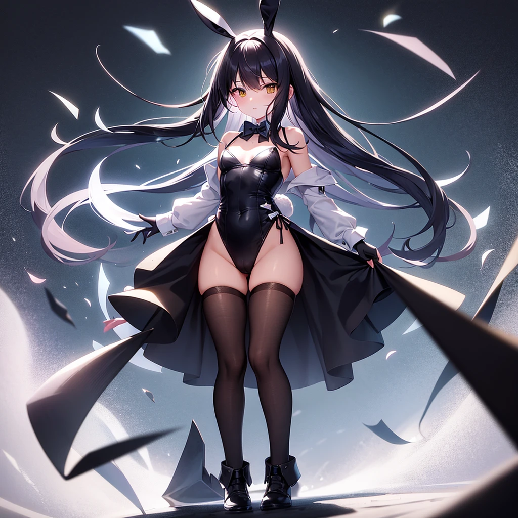 ((Bunny girl)),Cute little ,Tiny ,Small girl,,Childish face, Very fine clean face,Top quality,Straight Hair,Black hair,(Dark Room), Subtle light, Natural light,Soft lighting,Light from directly behind,(Open your hands), (Are standing),Front view,Black background