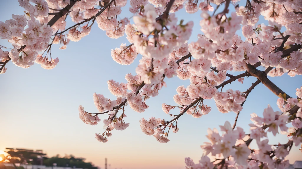 White background in the center、The vibrant blossoms and branches of cherry blossoms form a closely intertwined wreath.、There is a small space in the center、8K、Sunset