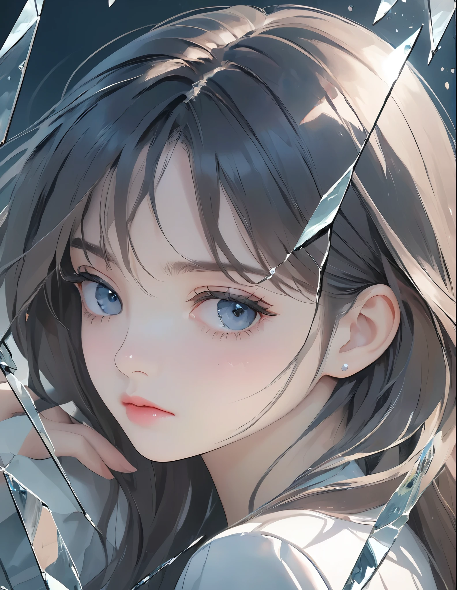 (anime style:1.4),超High resolution, Attention to detail, high quality, High resolution, 最high quality, 4K, 8K,posters、artwork、Works by famous artists、Stylish and cool piece、Girl reflected in broken glass、Picture from the front、face、Put your right hand on your cheek、Sad expression、Semi-long hair、Cute Girls