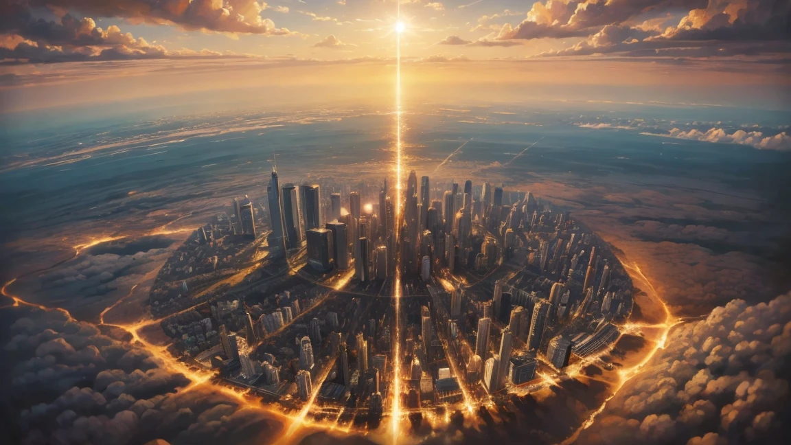 ((realisitic)) dystopia 2 angels struggling in the sky with a city below, warm colors oil on canvas